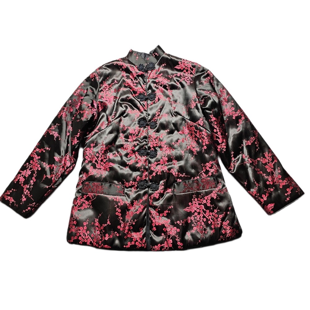 Vtg Womens Tang Jacket Black Red Floral Chinese Satin Long Sleeve Frog Button